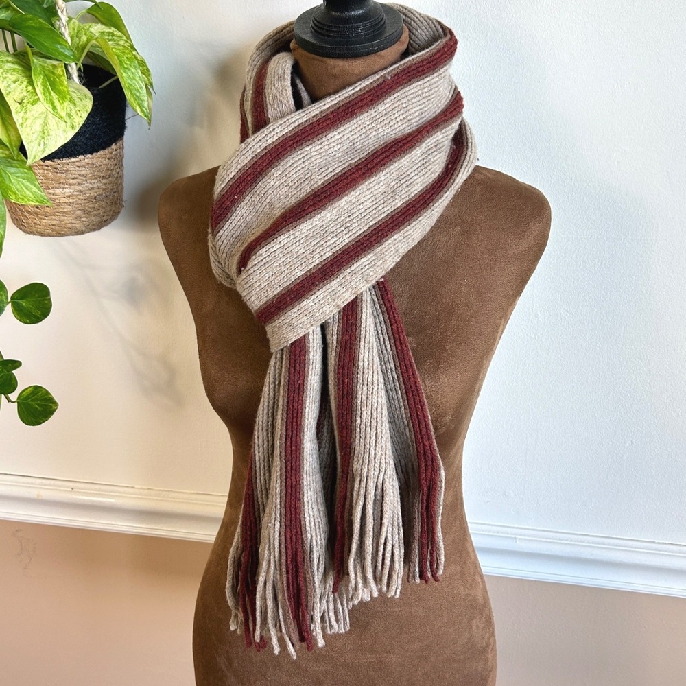 Gap Lambswool Blend Ribbed Striped Scarf Tan Burgundy Red Fringe Knit